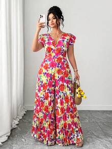 Elenzga Plus Size Women's Elegant Casual Beach Holiday Minimalist V-Neck Ruffle Sleeve Cinched Waist Slimming Long Printed Jumpsuit - Multicolor - View 1