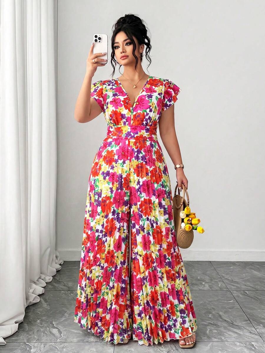 Elenzga Plus Size Women's Elegant Casual Beach Holiday Minimalist V-Neck Ruffle Sleeve Cinched Waist Slimming Long Printed Jumpsuit - Multicolor - View 1