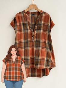Rusticease Plus Size Women's Plaid Blouse, Autumn 90s 1950s Vintage Hiking Notch Neck Batwing Short Sleeve Loose Fit Tunic Top, Casual Striped Summer Vacation - Multicolor - View 6