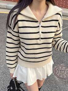 DAZY Casual Striped Long Sleeve Pullover Top Fall - Black and White - View 10