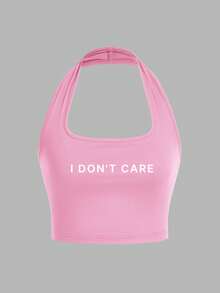 SHEIN EZwear Plus Size Women Pink Letter Print Tight Cropped Halter Neck Tank Top, Suitable For Summer - Pink - View 7