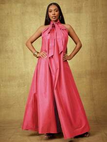 Vixey Solid Taffeta Bow Tie Halter Neck Wide Extreme Wide Leg Jumpsuit - Coral Pink - View 2