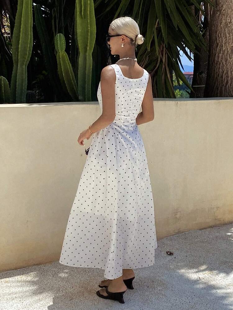 Polka Dot Waist Gathered Umbrella Skirt, Square Neck Sleeveless Dress, Elegant Summer Holiday Dress For Women