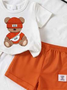SHEIN Playful Pals 2件套婴幼儿男女通用0-3岁小熊印花圆领短袖上衣和松紧腰短裤套装，适合户外运动、休闲外出、购物和旅行，适合6个月至2-3岁宝宝穿着。 - 橘色 - 查看 3
