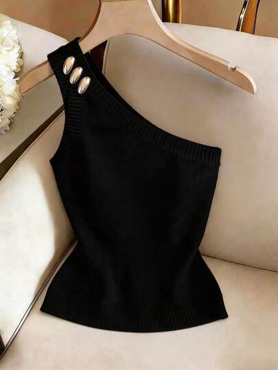 SHEIN Franclia 女士春夏单肩金属扣弹力针织露背上衣，饰有装饰纽扣，时尚休闲又不失性感，适合日常穿着、婚礼、晚宴、通勤、毕业典礼、节日活动、度假、约会、派对、万圣节、圣诞节、新年、感恩节等场合。这款背心是夏季上衣和夏季女装的完美之选。