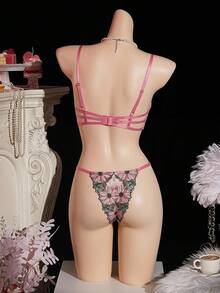 DAZY 2pcs Colorful Floral Lace Semi-Sheer Sexy Lingerie Set For Women - Pink - View 8