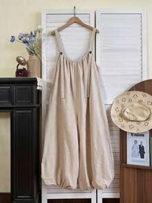 SHEIN Holidaya Bộ áo liền quần kaki mùa hè mới dành cho nữ, trang phục thường ngày đi biển. - Màu Khaki - Xem 4