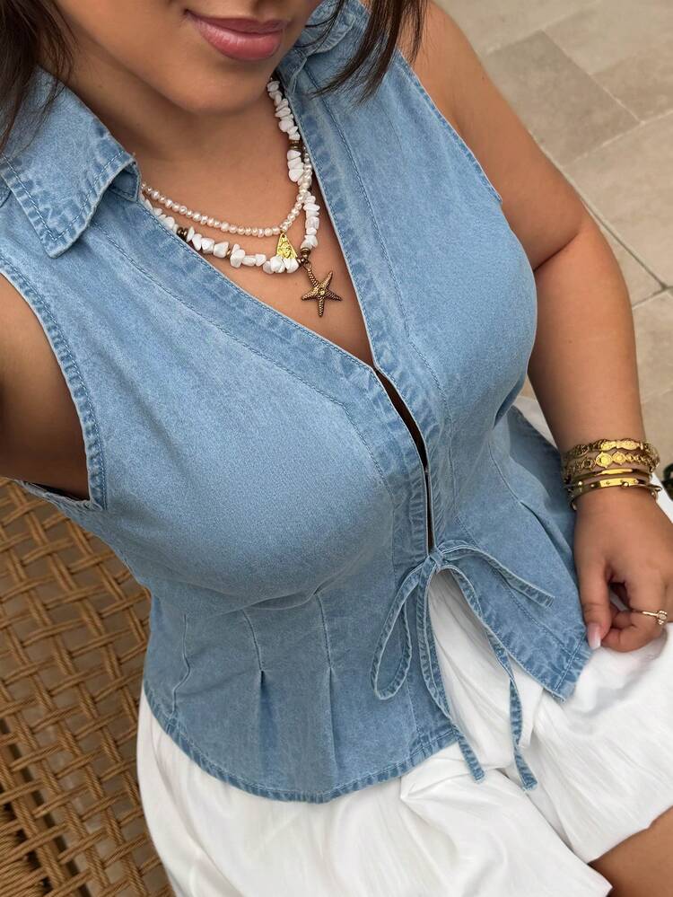 Dazy Plus Plus Size Women's Casual Denim Sleeveless Collared Tie-Front Shirt, Spring/Summer