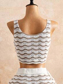 Swim Chiccia 2026 Printemps/Été Marron & Beige Contraste Texture Ondulée Tricot Élégant Resort Plage décontracté Couvre-maillot Pour Femmes - Multicolore - Voir 4