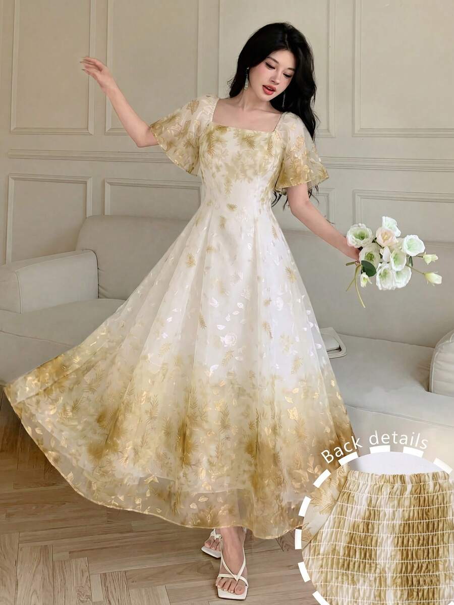 Modelyn Đầm xòe in họa tiết cổ vuông tay ngắn nhấn eo thanh lịch thời trang xuân hè - Màu vàng - Xem 1