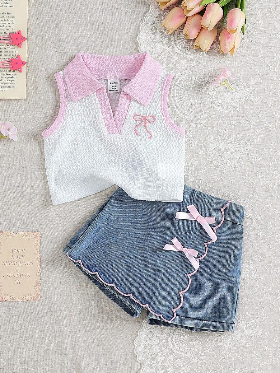 SHEIN Playful Pals Bộ 2 món đồ gia đình đồng bộ cho bé gái mùa hè màu hồng và trắng, áo vest không tay cổ bẻ thêu nơ dễ thương phối cùng chân váy quần short lưng thun - trắng - Xem 1