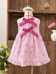 SHEIN Sweetheart Striped Backless Bow A-Line Dress For Girls, Soft Pink Butterfly Ruffle Hem Princess Dress - Pink - View 3