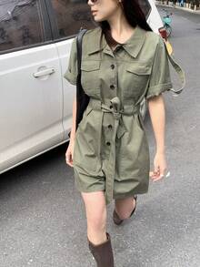 DAZY 女款純色領口連身褲，韓式休閒套裝，夏季女款連身短褲 - 軍綠色 - 查看 4