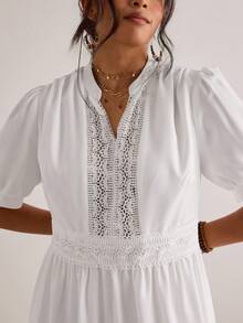 Freevana Vestido maxi elegante de manga corta con cuello con muesca y ribete de encaje, color blanco sólido, adecuado para uso diario y vacaciones, primavera/verano, talla grande para mujer - Blanco - Ver 7