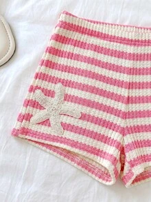 SHEIN Tween Girl Casual Comfortable Round Neck Sleeveless Starfish Decor Striped Tank Top And Shorts 2-Piece Set - Pink - View 8