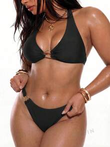 Oceva Plus Size Women Solid Color Accessory Sexy Clubwear Top Matching Triangle Bottoms Mature Ladies Swimwear Set - Black - View 4