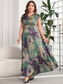 SHEIN Clasi Plus Size Women Tie-Dye Elegant Waist Cinched Party Dress - Multicolor - View 3