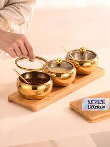 Stainless Steel Seasoning Jar Thickened Large-Capacity Salt Sugar Seasoning Jar Barbecue Shop Seasoning Commercial Spoon. - Gold - View 1