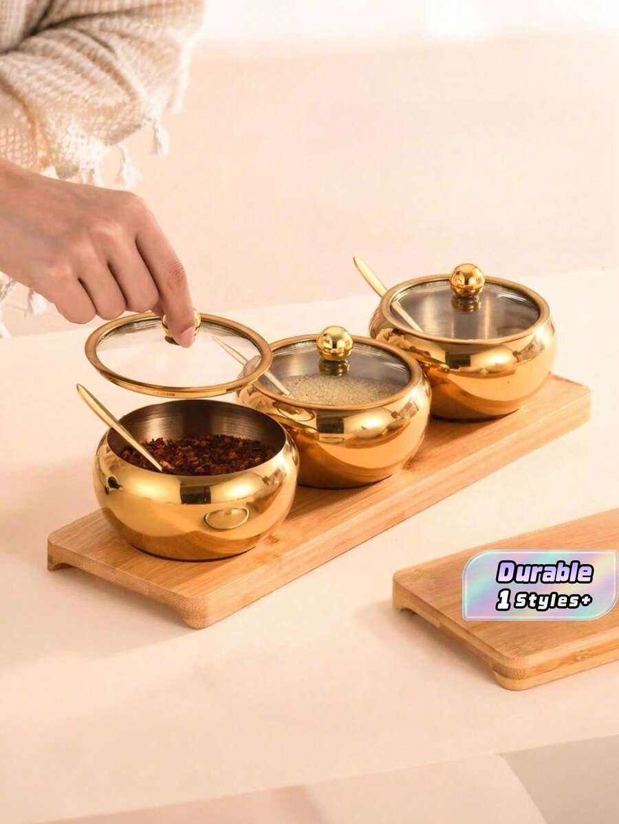 Stainless Steel Seasoning Jar Thickened Large-Capacity Salt Sugar Seasoning Jar Barbecue Shop Seasoning Commercial Spoon. - Gold - View 1