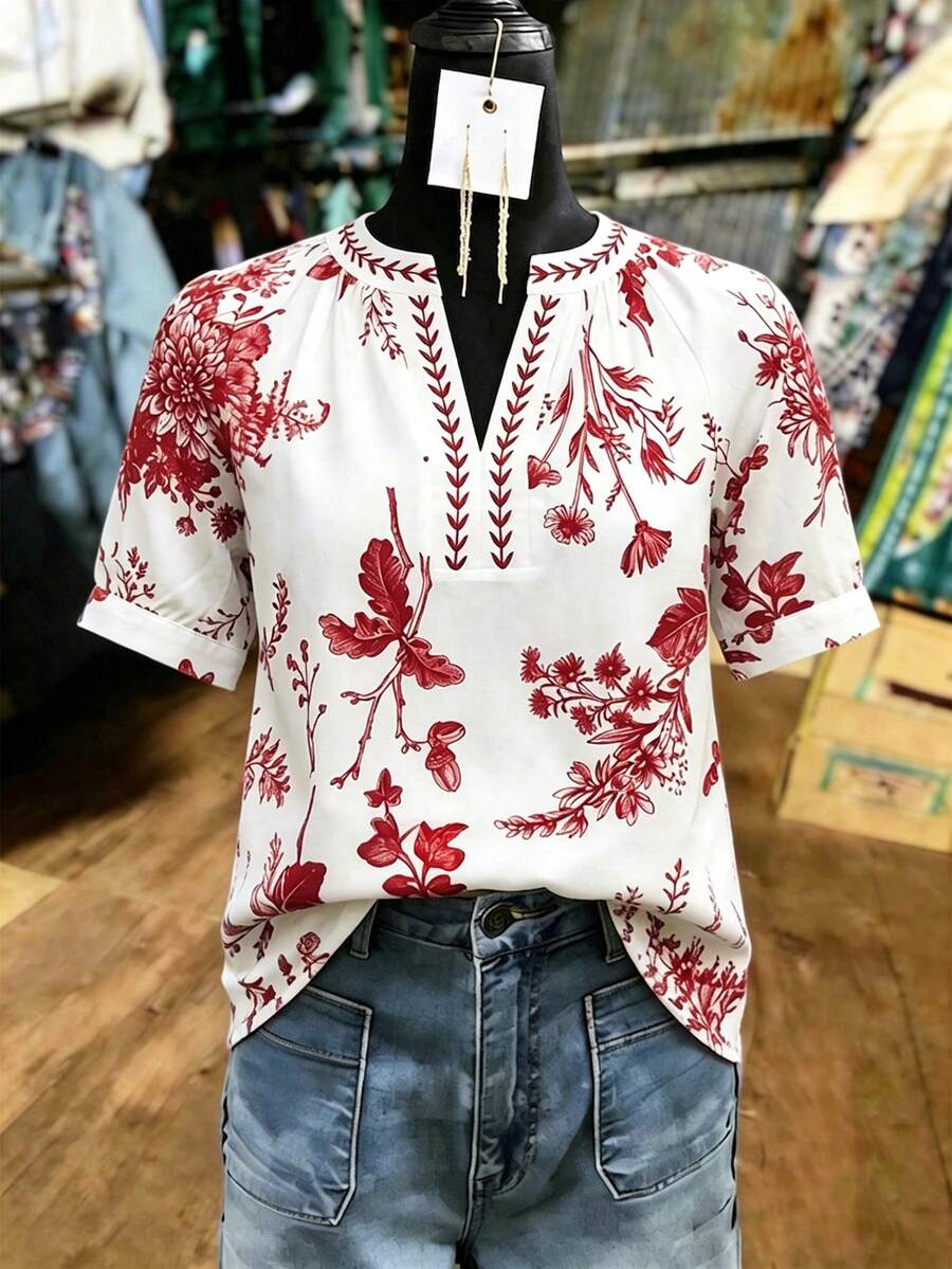 Franclia Áo blouse nữ mùa xuân/hè mới họa tiết lá sung trắng cổ chữ V dáng rộng thoải mái, phù hợp đi nghỉ dưỡng, mặc hàng ngày, hẹn hò, đi làm - Đỏ - Xem 1