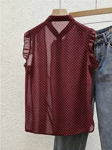 Franclia Women's Black Polka Dot Chiffon Blouse, Elegant Romantic Ruffle Hem - Red Violet - View 2
