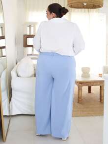 Pretty and Ole Plus Size Solid Color Front Button Pocket Casual Long Pants, Everyday Wear - Baby Blue - View 2