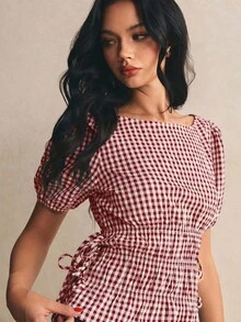 Poéselle 女款休閒格紋側綁帶上衣，適合夏季 - 彩色 - 查看 4