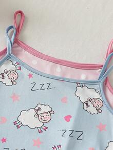 Young Girls' White & Pink Cute Rabbit Print Knit Camisole Dress 2 Pieces Pajama Set - Multicolor - View 3