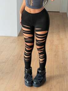 SHEIN ICON Women's Solid Color Ripped Casual Sexy Versatile Daily Wear Leggings Night Black Summer - Black - View 4