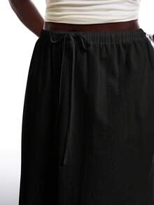 SHEIN EZwear 大尺碼女款春夏休閒傳統度假風黑色亞麻魚尾長裙，抽繩腰頭，魚尾裙 - 黑色 - 查看 6