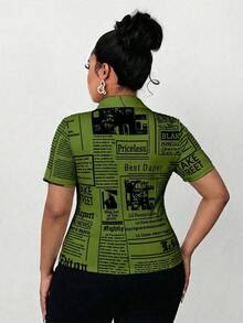 Maweii Plus Size Women Slogan Graphic Short Sleeve Button Down Casual Shirt - Green - View 2