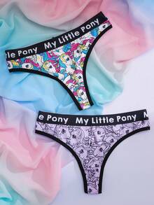 My Little Pony X SHEIN 2 buah Celana Dalam Thong Nyaman dan Lembut dengan Motif Unicorn dan Huruf serta Karet Elastis - Berwarna merah muda - View 1