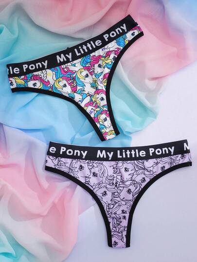 My Little Pony X SHEIN 2pcs Comfortable Soft Unicorn Print & Letter Elastic Band Thong Panties