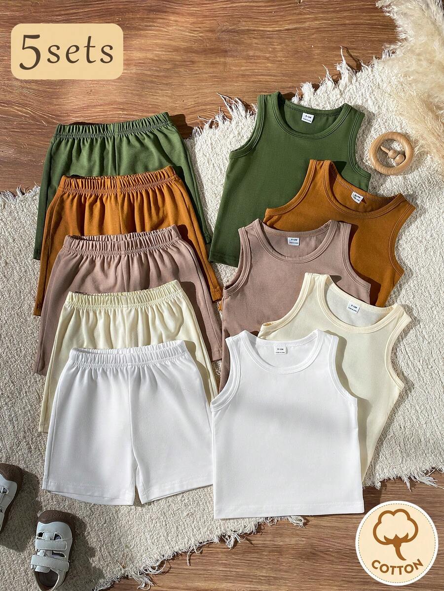 SHEIN Vintaside Kids 10件裝嬰幼兒男/女童夏季套裝 牛仔與白色休閒家庭款 素色圓領背心上衣搭配寬鬆短褲 幼兒套裝 - 彩色 - 查看 1