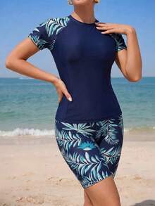 Swim Mulvari 女士热带树叶印花短袖布基尼套装，适合海滩度假 - 藏蓝色 - 查看 1