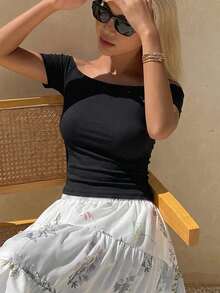 Livesso 女士夏季蕾丝拼接蝴蝶结装饰修身吊带背心，休闲性感款 - 黑色 - 查看 5