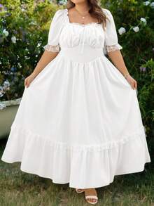 SHEIN CURVE+ Curve Size US22 Music Festival, Seaside Vacation, Bohemia Casual Women's All White Lace Pleated Victorian Retro Long Dress, Party Ball Autumn Fall - White - View 9