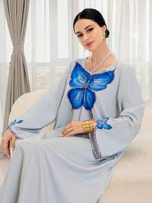 Yasmyna 女士宽松蝴蝶印花长袖阿拉伯风格连衣裙 - 彩色 - 查看 3