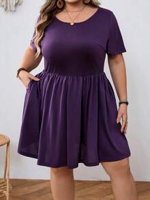 SHEIN CURVE+ Đầm ngắn tay màu trơn dành cho nữ cỡ lớn - Màu tím - Xem 3