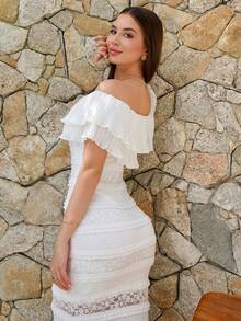 Duda Rubert Women's Knitted Solid Color Lace Off Shoulder Form-Fitting Fish Tail Dress ,For Autumn And Winter White - White - View 3