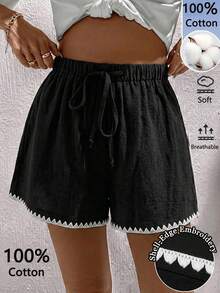 Easowa Quần short nữ dệt 100% cotton, kiểu dáng thường ngày, thích hợp cho kỳ nghỉ xuân/hè. - màu đen - Xem 1