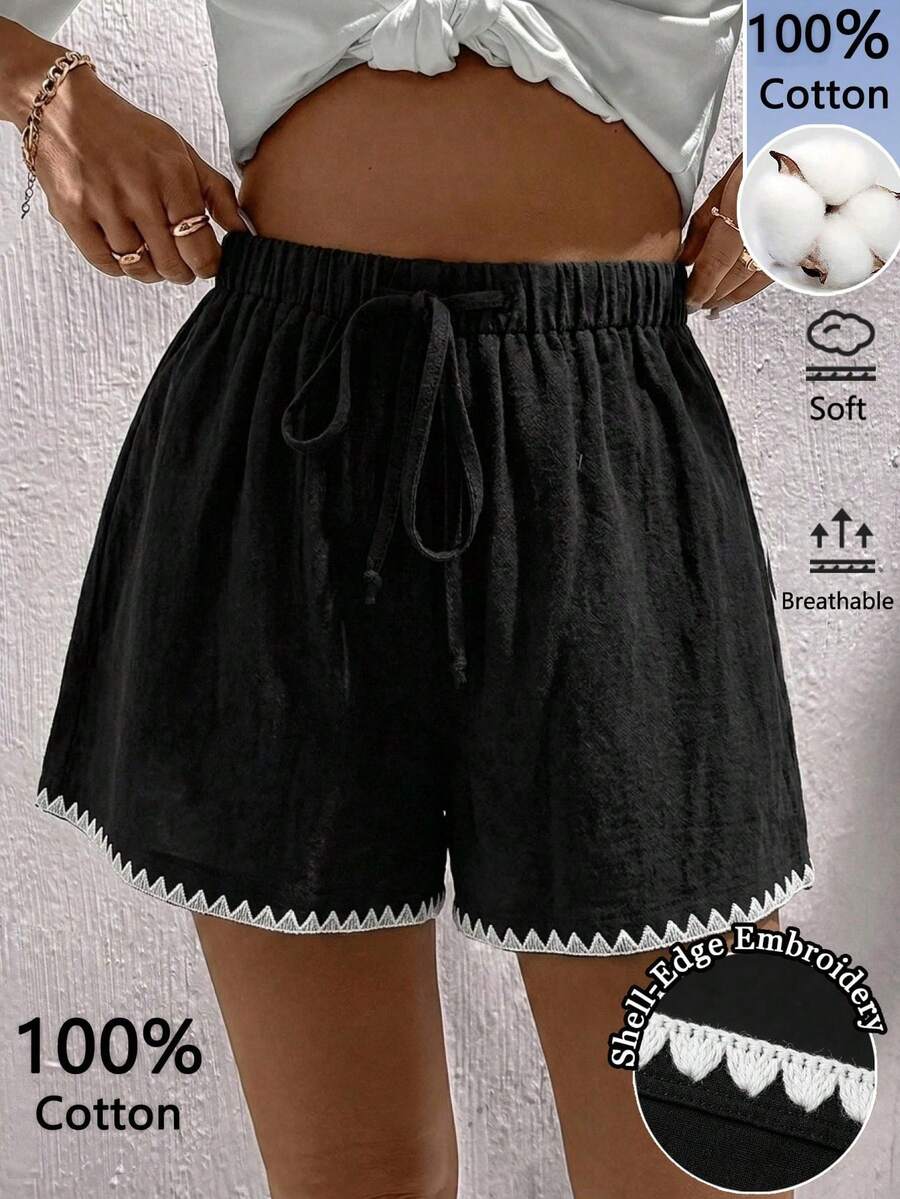 Easowa Quần short nữ dệt 100% cotton, kiểu dáng thường ngày, thích hợp cho kỳ nghỉ xuân/hè. - màu đen - Xem 1