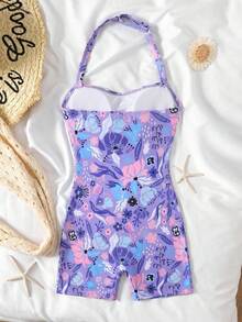 SHEIN Tween Girls' Casual Beach Vacation Strapless Ruched Lily Floral Black Background One-Piece Swimsuit, Spring/Summer - Purple - View 2