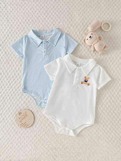 Souflis Souflis Baby Boy Summer Knit Romper, Solid Color Short Sleeve Half-Placket Bodysuit 2-Piece Set, Suitable For Casual Wear At Home Or Outdoor