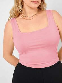 SHEIN BASICS Plus Size Women Solid Color Square Neck Casual Cute Versatile Tank Top House Light Pink Summer Tops - Pink - View 4