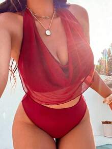 Swim Vcay 大尺碼女款素色細肩帶高衩兩件式泳衣套裝，適合春夏季海灘度假 - 紅色 - 查看 1