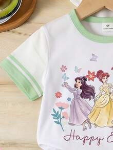 Baju Anak Perempuan Lengan Pendek Kerah Bulat dengan Trim Kontras dan Motif Huruf & Kartun, Pakaian Kasual Sehari-hari - MultiWarna - View 3