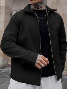 Artur Kramer Men's Casual Solid Color Zip-Up Collar Long Sleeve Overcoat - Black - View 3