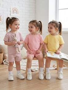 Cozy Pixies Bộ 3 món đồ dệt kim mềm mại mùa hè cho bé gái, màu hồng, màu mơ, màu tím, thời trang thường ngày, thích hợp cho kỳ nghỉ, cắm trại, chụp ảnh, anh chị em và bố mẹ mặc cùng nhau. - Nhiều màu - Xem 3