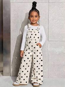 SHEIN Quần yếm và áo liền quần bằng vải denim cho bé gái - Màu be - Xem 5